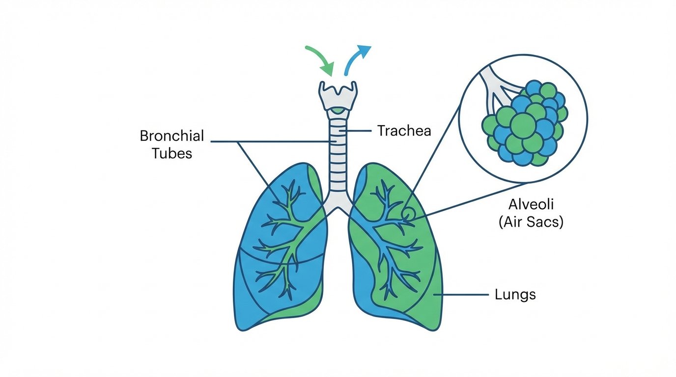 Respiratory system illustration showing the 3 mechanisms of Breath Support
