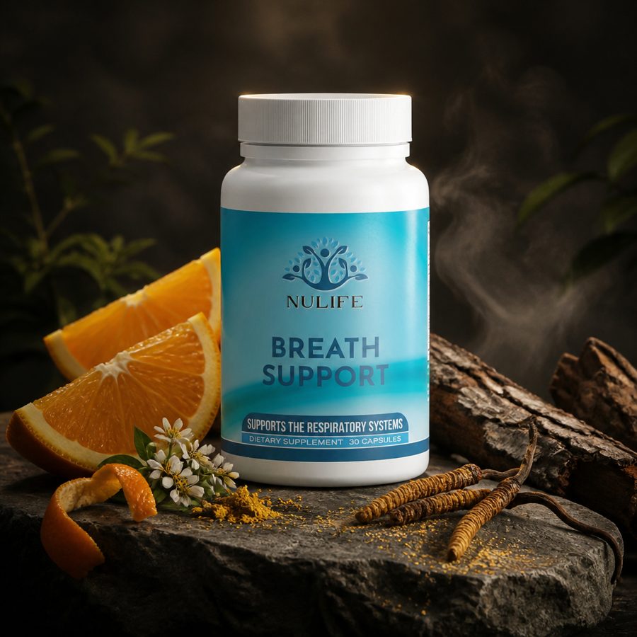Breath Support bottle with its botanical ingredients